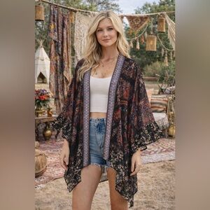 Soft Surroundings Velvet Kimono Topper Open Cardigan One‎ Size Paisley Printed
